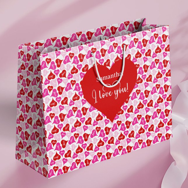 Moderne süße Ich liebe dich Text benutzerdefiniert Große Geschenktüte (Modern Cute I Love You Text Custom Name Valentine Large Gift Bag)