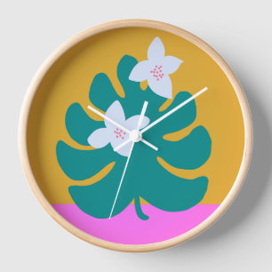 Moderne süße Palme gelb rosa florale Uhr