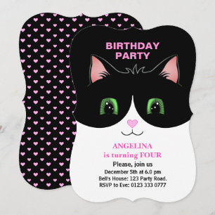 Moderne süße schwarz-weiße Tuxedo-Katze Einladung