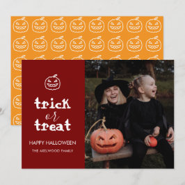 Moderne 'Süßes oder Saures' Familienfoto Halloween Feiertagskarte