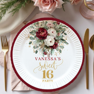 Moderne Sweet 16 Blush Burgunder Florale Teller