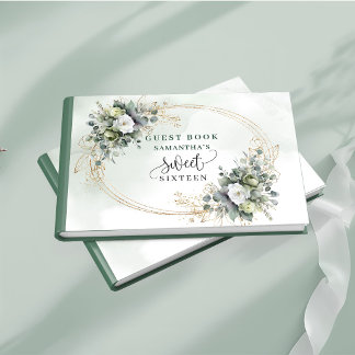 Moderne Sweet 16 grün gold eukalyptus blumengast Gästebuch