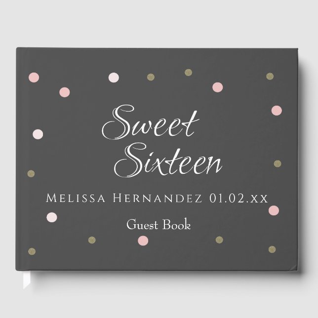 Moderne Sweet 16 Rosa Glitzer Confetti Dots Gästebuch (Vorderseite)