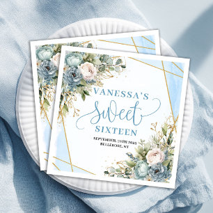 Moderne Sweet Sixteen Blau Floral Gold Glitter  Serviette