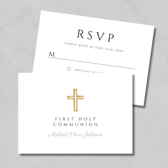 Moderne Szene Grünes Religiöses Kreuz Erste Kommun RSVP Karte (Modern Sage Green Religious Cross First Communion RSVP Card)