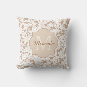 Moderne Tan Floral Girl Monogramm mit Namen Kissen