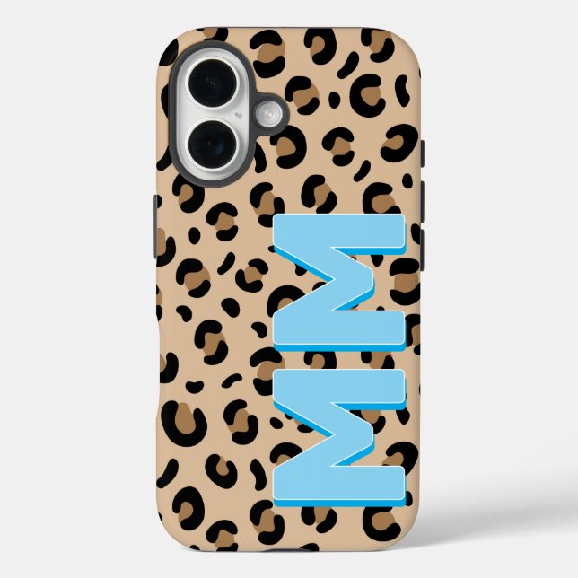 Moderne Tan Leopard Print Blau Schatten Monogramm  Case-Mate iPhone Hülle (Rückseite)