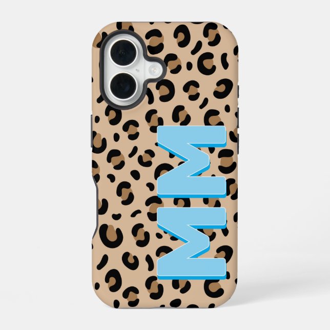 Moderne Tan Leopard Print Blau Schatten Monogramm  iPhone 16 Hülle (Rückseite)