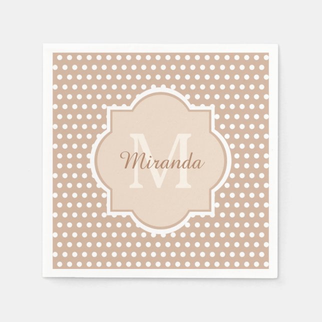 Moderne Tan Polka Dots mit Monogramm und Name Serviette (Vorderseite)