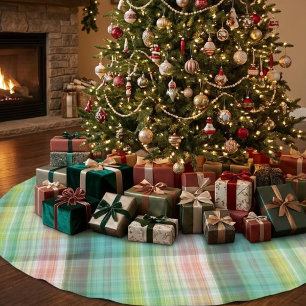 Moderne Tartan Grün Beige Karomuster. Polyester Weihnachtsbaumdecke