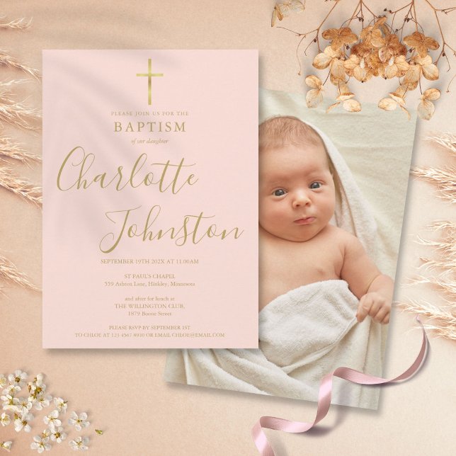 Moderne Taufe Christening Gold Blush Pink Foto Einladung (Modern Baptism Christening Gold Blush Pink Photo Invitation)