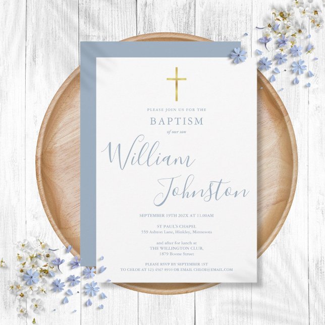 Moderne Taufe Christening Gold Cross Dusty Blue Einladung (Modern Baptism Christening Gold Cross Dusty Blue Invitation)
