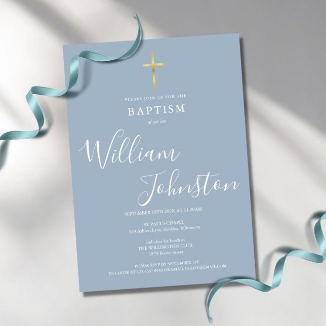 Moderne Taufe Christening Gold Cross Dusty Blue Einladung (Von Creator hochgeladen)