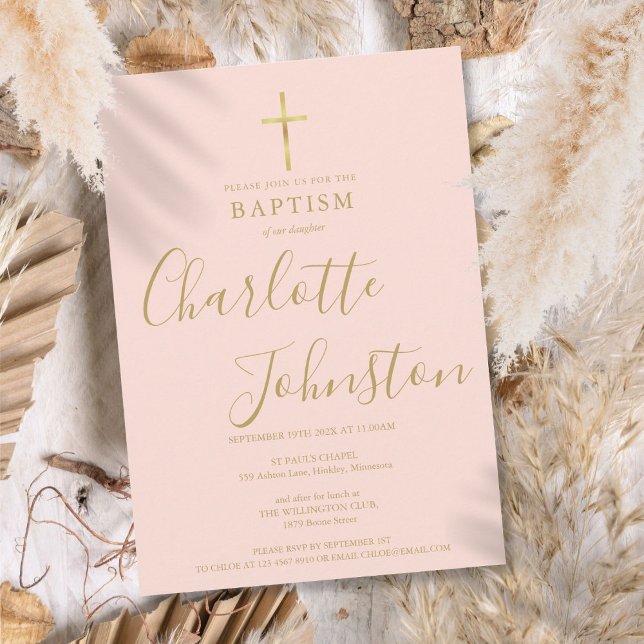 Moderne Taufe Christening Gold Script Blush Pink Einladung (Modern Baptism Christening Gold Script Blush Pink Invitation)