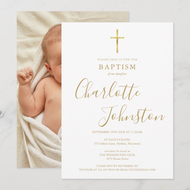 Moderne Taufe Christening Golden Signature Foto Einladung (Vorne/Hinten)