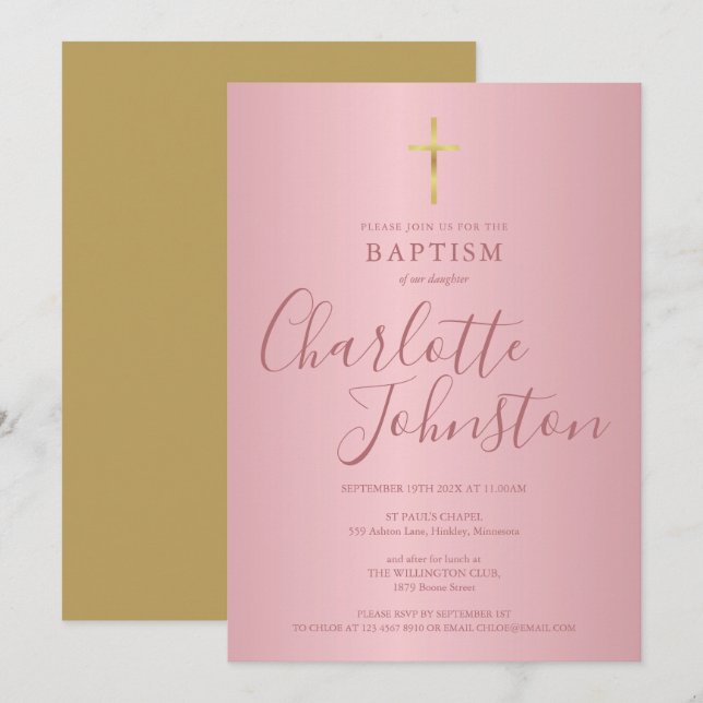 Moderne Taufe Christening Rose Gold Einladung (Vorne/Hinten)