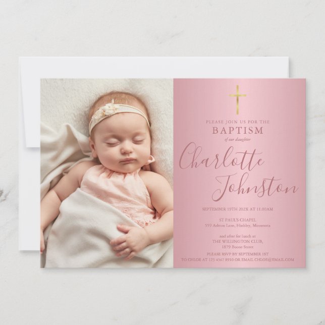 Moderne Taufe Christening Rose Gold Script Foto Einladung (Vorderseite)