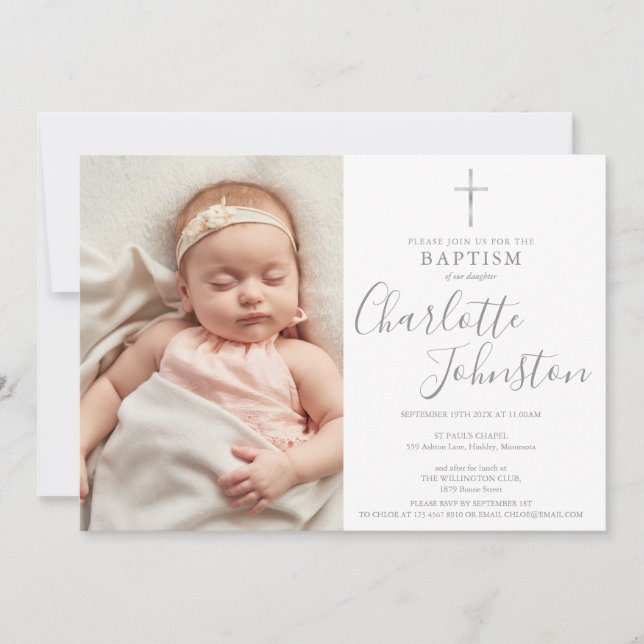 Moderne Taufe Christening Silver Script Foto Einladung (Vorderseite)