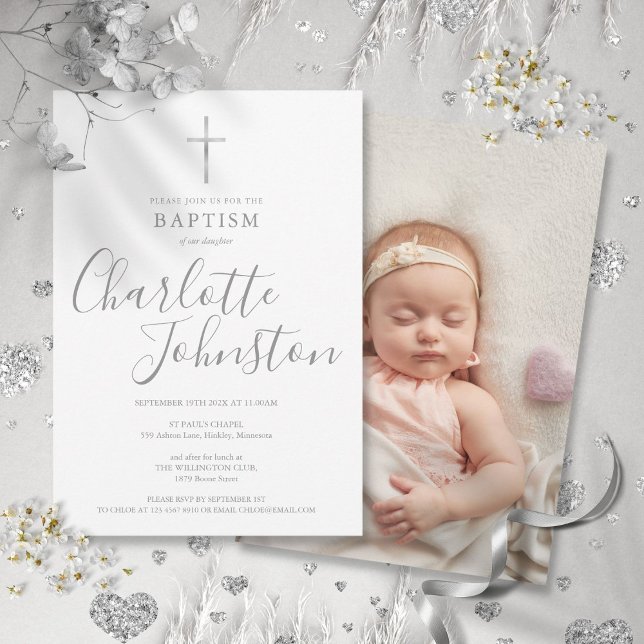 Moderne Taufe Christening Silver Signature Foto Einladung (Modern Baptism Christening Silver Signature Photo Invitation)