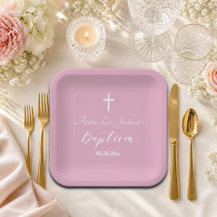 Moderne Taufe Christening Weiße Kreuz Staubrosa Pappteller