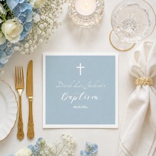 Moderne Taufe Christening Weißen Kreuz Staubblau  Serviette