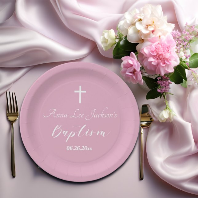 Moderne Taufe Christening White Cross Dusty Pink Pappteller (Von Creator hochgeladen)