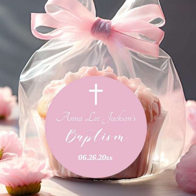 Moderne Taufe Christening White Cross Dusty Pink Runder Aufkleber (Von Creator hochgeladen)