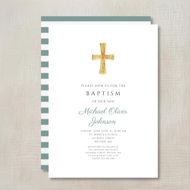 Moderne Taufe des Grünen Kreuzes Einladung (Modern Green Cross Religious Boy Baptism Invitation)