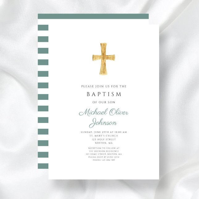 Moderne Taufe des Grünen Kreuzes Einladung (Modern Green Cross Religious Boy Baptism Invitation)