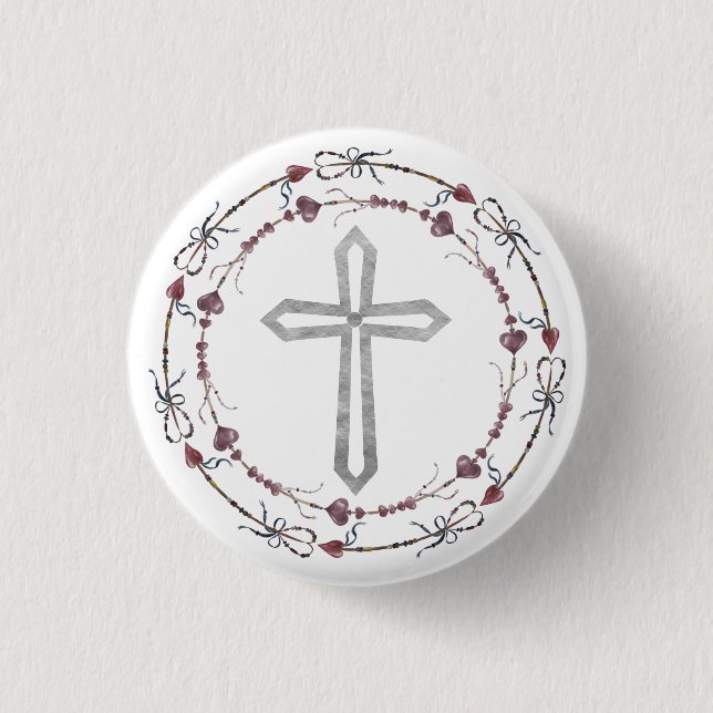Moderne Taufe Grauweißer Christlicher Kranz Button (Vorderseite)