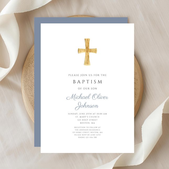 Moderne Taufe mit blauem Kreuz Religiöse Boy Bapti Einladung (Modern Dusty Blue Cross Religious Boy Baptism Invitation)