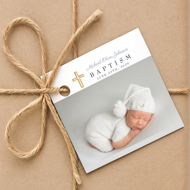 Moderne Taufe mit blauem Script-Foto Geschenkanhänger (Modern Dusty Blue Script Photo Baptism Favor Tags
)