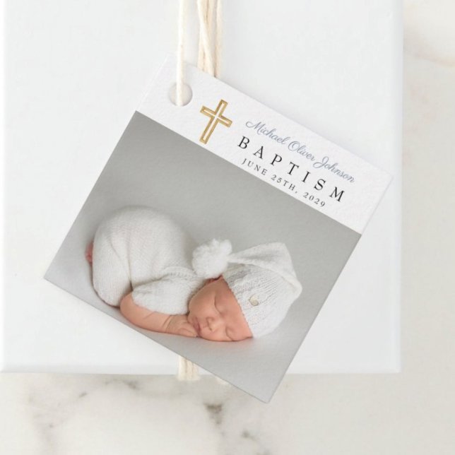 Moderne Taufe mit blauem Script-Foto Geschenkanhänger (Modern Dusty Blue Script Photo Baptism Favor Tags)