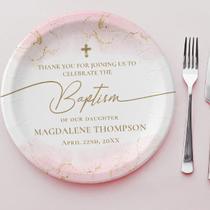 Moderne Taufe mit rosa Goldkreuz Pappteller