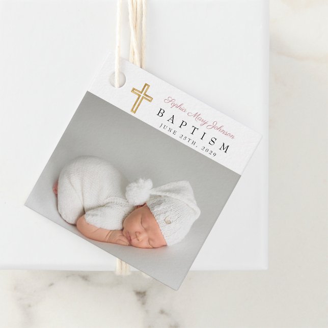 Moderne Taufe mit rosa Script-Foto Geschenkanhänger (Von Creator hochgeladen)