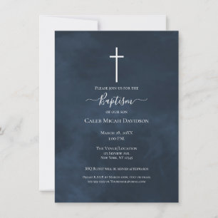 Moderne Taufe unter Navy Blue & White Cross Einladung