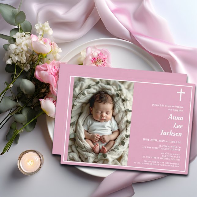 Moderne Taufe Weißes Kreuz Dusty Pink Foto Einladung (Von Creator hochgeladen)