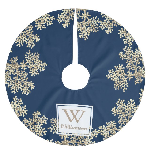 Moderne Taupe Blume Buds & Familienname Polyester Weihnachtsbaumdecke (Vorderseite)