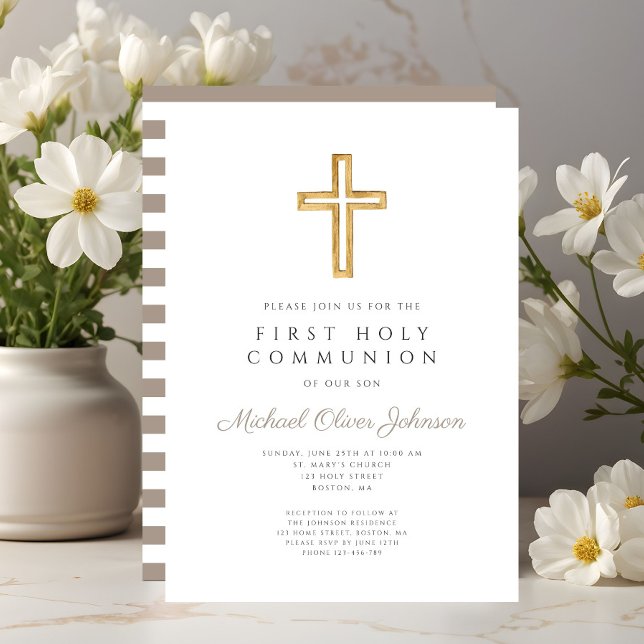 Moderne Taupe Cross Boy Erste Kommune Einladung (Modern Taupe Cross Boy First Communion Invitation)