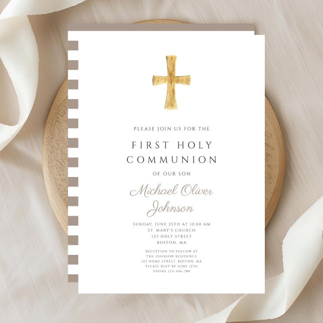 Moderne Taupe Cross Boy Erste Kommune Einladung (Modern Taupe Cross Boy First Communion Invitation)