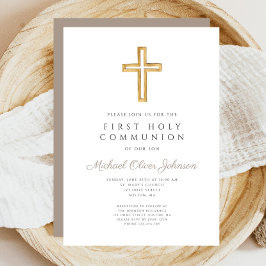 Moderne Taupe Cross Religious Boy First Communion Einladung