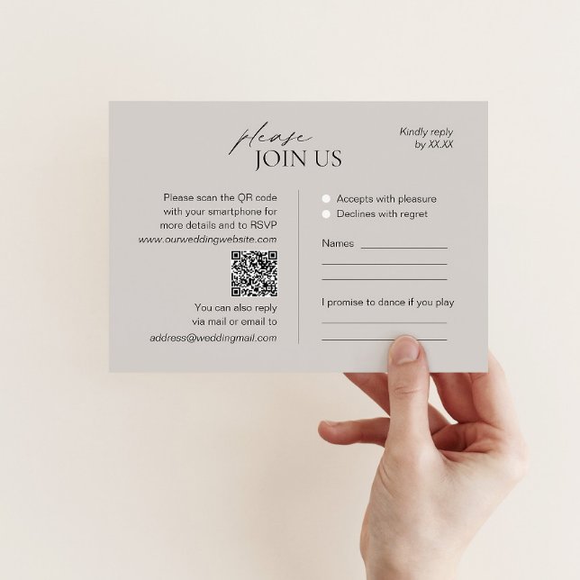 Moderne taupe Hochzeit RSVP Karte mit QR-Code (Von Creator hochgeladen)