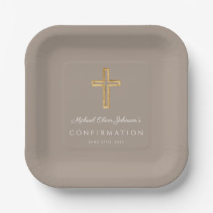 Moderne Taupe religiöses Kreuz Jungen Konfirmation Pappteller
