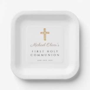 Moderne Taupe Religious Cross First Communion Pappteller