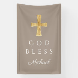 Moderne Taupe Religious Cross Gott segne Banner