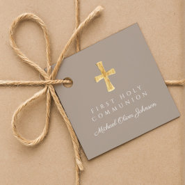 Moderne Taupe Script Cross Boy Erste Kommune Geschenkanhänger