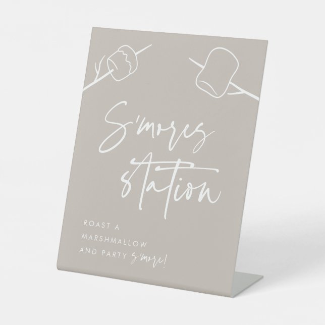 Moderne Taupe Script Marshmallow S'mores Station Sockelschild (Vorderseite)