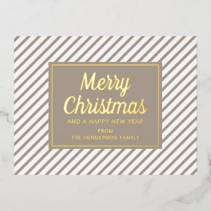 Moderne Taupe-Streifen Frohe Weihnachten Gold Folien Feiertagspostkarte