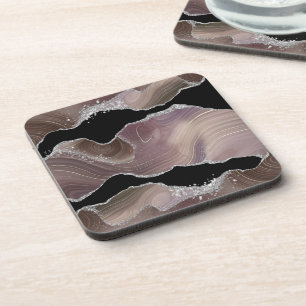 Moderne Taupe- und Schwarz-Achat-Silber-Glitter Getränkeuntersetzer
