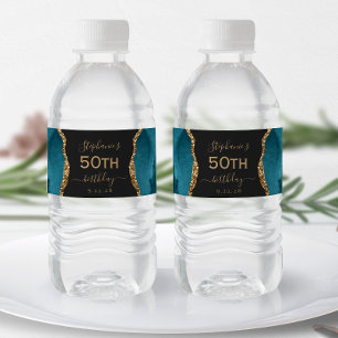 Moderne Teal Blau Gold Achat Dunkel 50. Geburtstag Wasserflaschenetikett